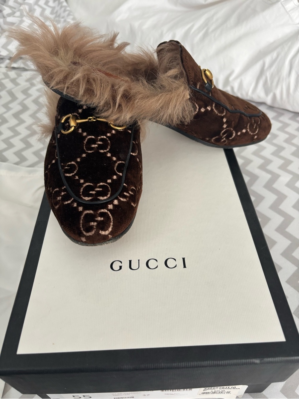Gucci Brown Velvet GG Fur-Lined Horsebit Mules - Picture 2 of 8